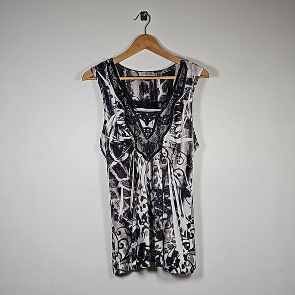 Unity One World Tank Top Size L Boho Sleeveless Scroll Print Lace Whimsigoth - Picture 2 of 7